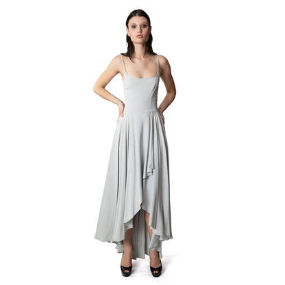 Rifat Ozbek Vintage Gray Spaghetti Strap Tiered Ruffle Dress