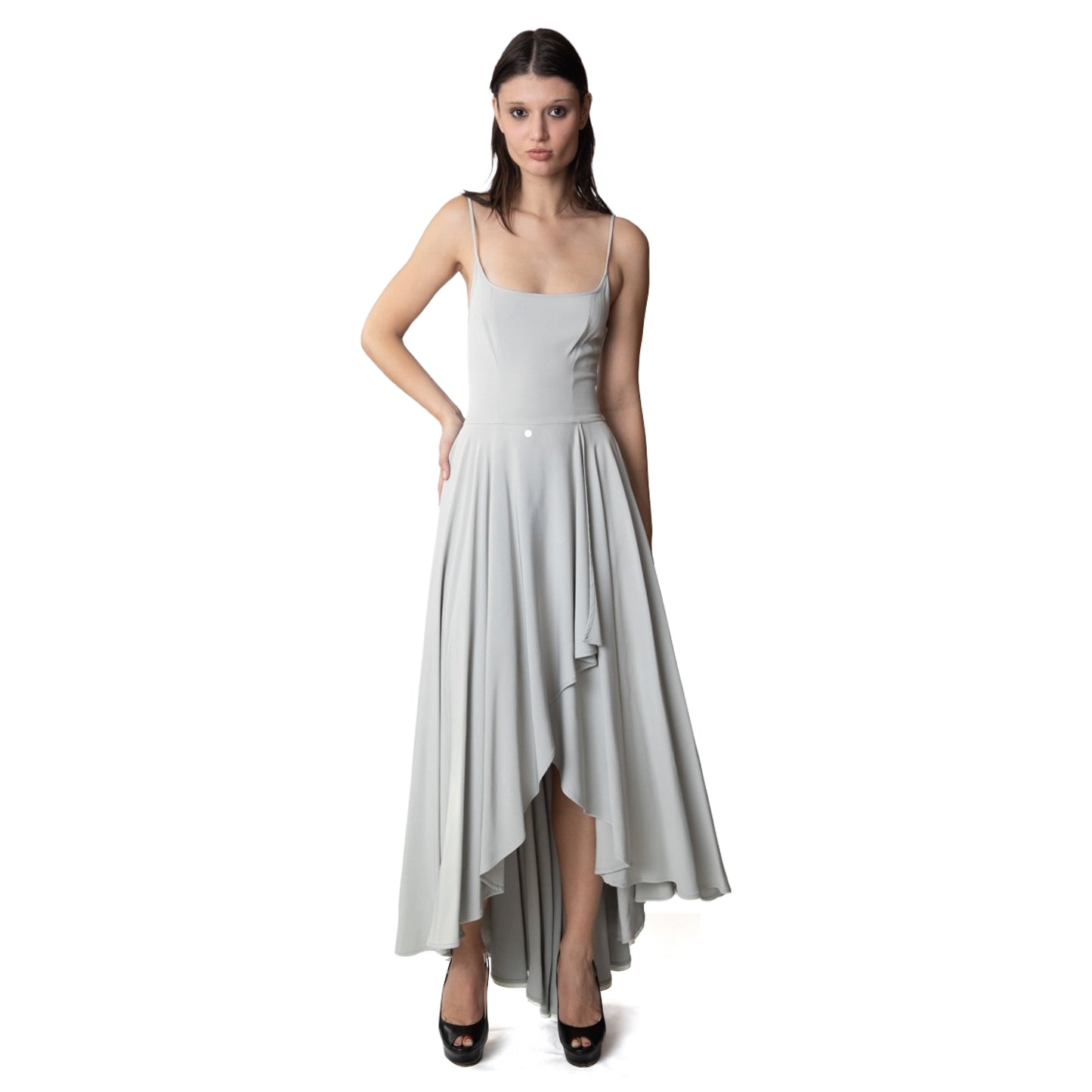 Rifat Ozbek Vintage Gray Spaghetti Strap Tiered Ruffle Dress
