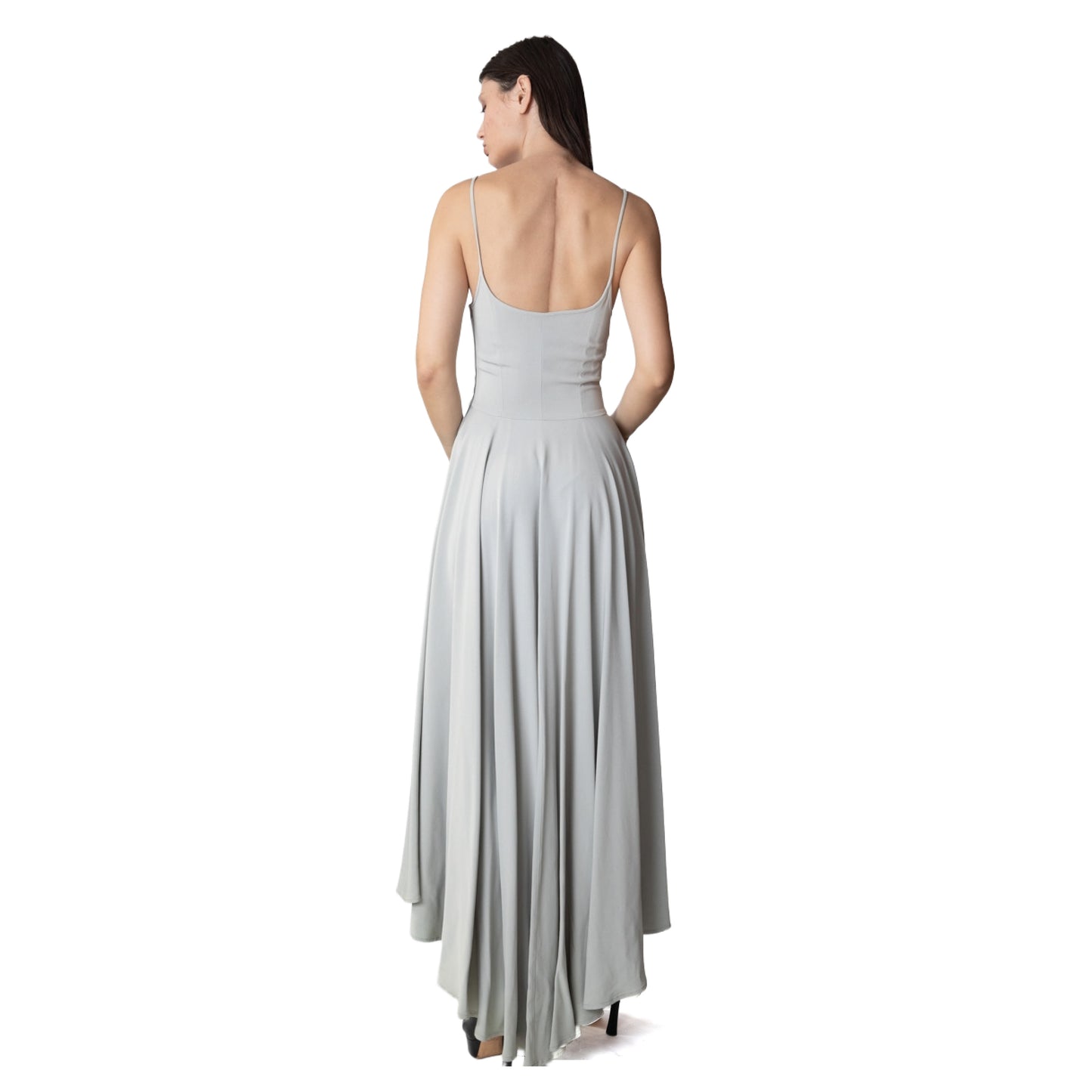 Rifat Ozbek Vintage Gray Spaghetti Strap Tiered Ruffle Dress